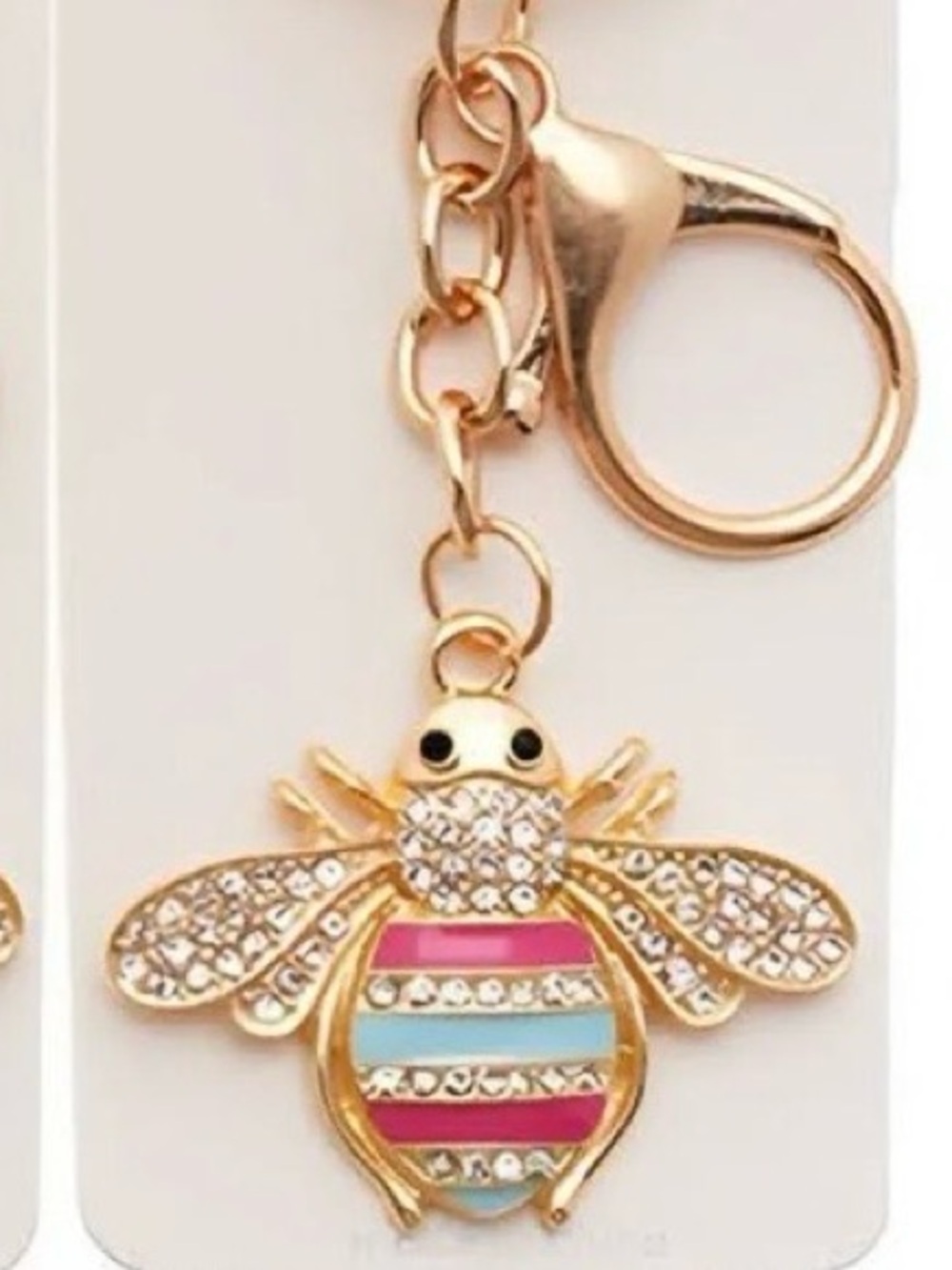 Mint Gold Bee Bag Charm/ Keychain Multicolor Pink & Blue Enamel Stripes NWT
